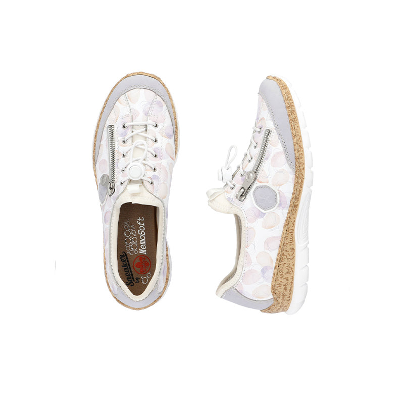 Pair of white/pastel patterned lace-up sneakers with tan speckled soles