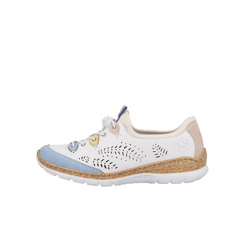 Women¡¯s white lace-up sneakers with blue heel panel, perforated uppers, rubber sole