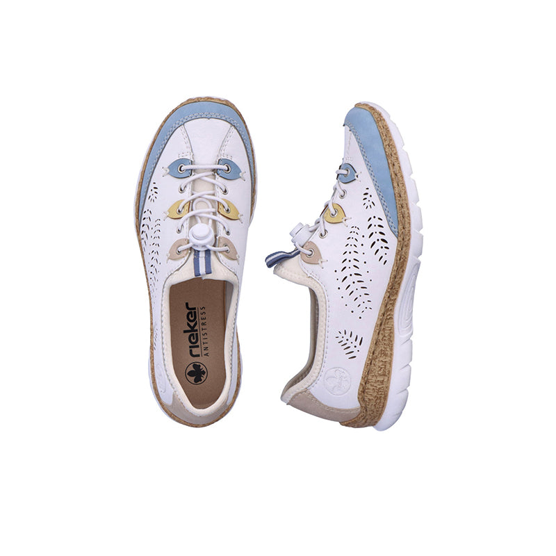 Women¡¯s white sneakers with blue lining, lace eyelets, and tan textured sole