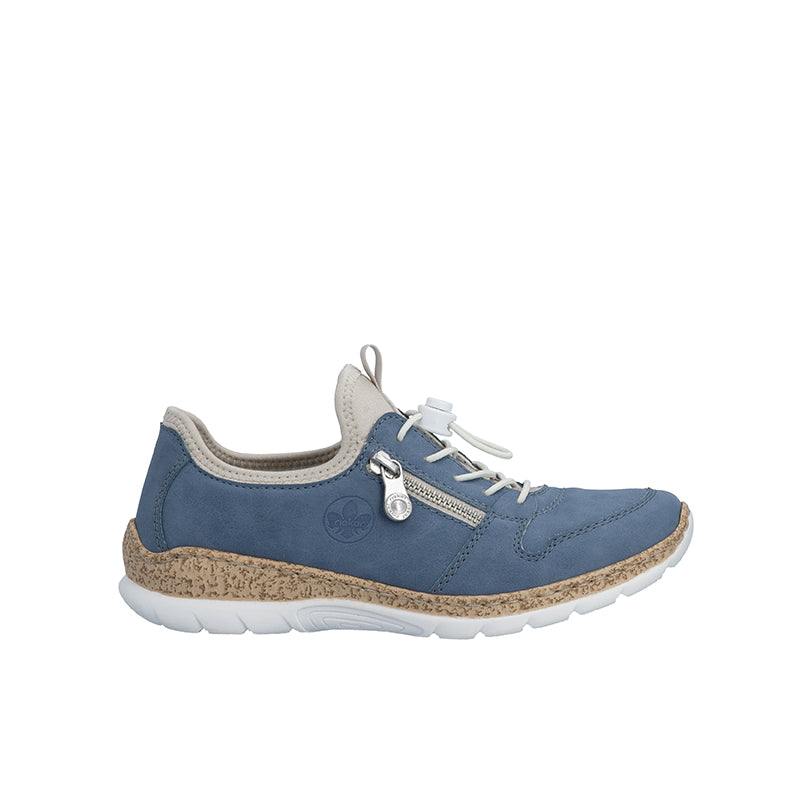 Blue suede lace-up slip-on sneakers with white laces, padded collar, and cushioned sole