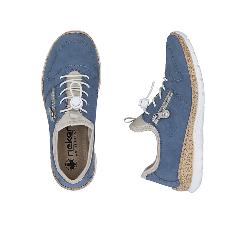 Blue suede lace-up sneakers with white laces and cork-textured sidewall sole