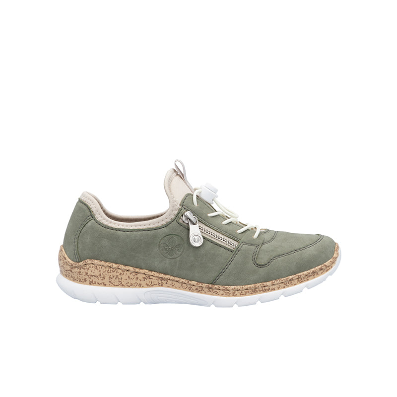 Green suede slip-on sneakers with laces, padded collar, and white tread sole