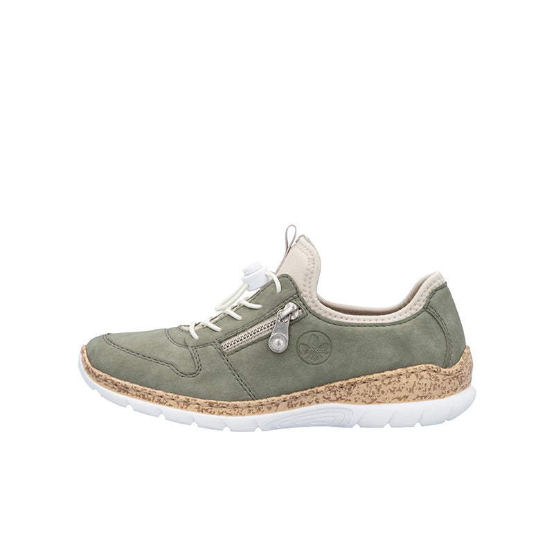 Green suede lace-up slip-on sneakers with pull tab, padded collar, and cushioned sole