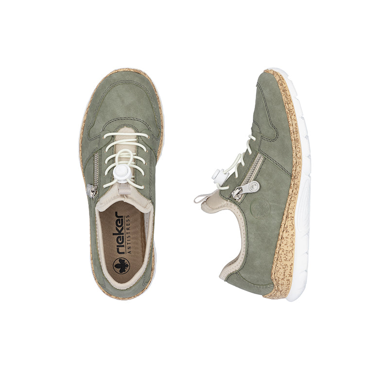 Green suede lace-up sneakers with white laces and beige cork-textured outsole