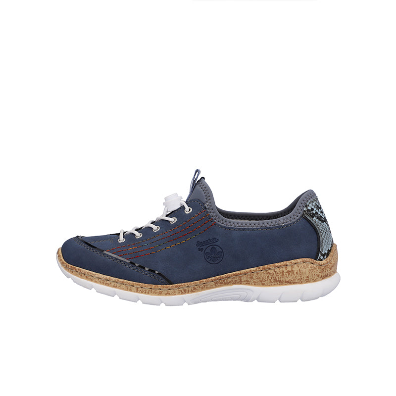 Women's blue slip-on sneakers, side view with textured sole and lace-up front