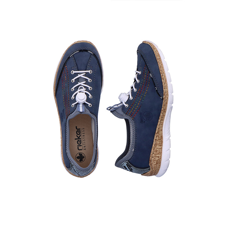 Women's blue sneakers with lace-up vamp and tan rubber sole trim