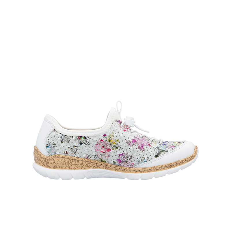 Multicolor speckled knit sneakers with lace-up, cushioned sole and round toe.