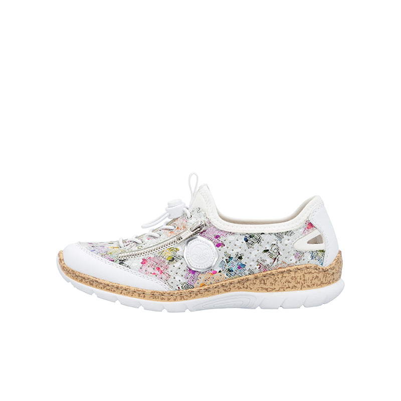 White multicolor glitter sneakers with lace-up and thick cushioned sole.