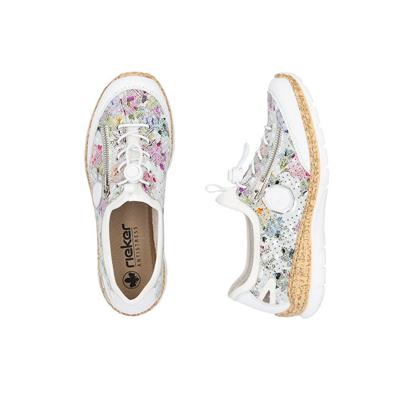 White multicolor lace-up sneaker with 'rieker' insole logo and cushioned sole.
