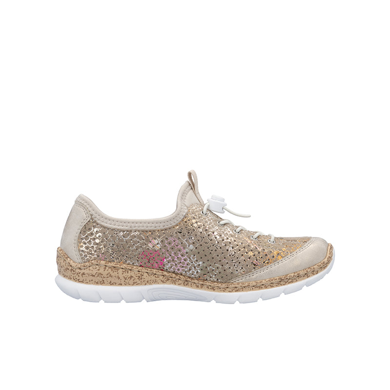 Gold multicolor knit sneakers, lace-up with cushioned sole and round toe.
