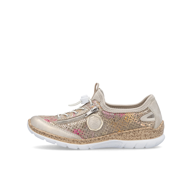 Beige glitter lace-up sneakers with side patch and cushioned outsole.