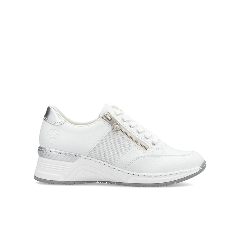 White leather zip sneakers with lace-up front and chunky sole.