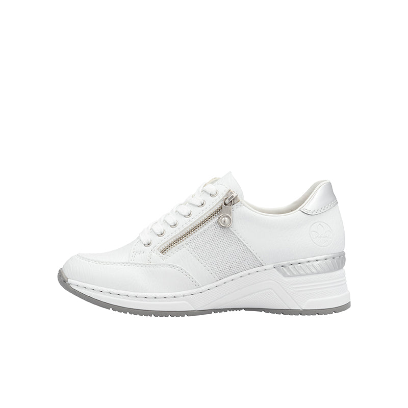 White leather sneakers with side zipper detail and textured rubber sole.