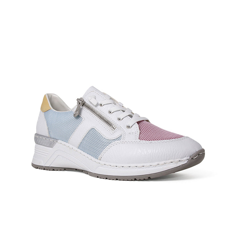 Women’s casual sneakers with white leather-look panels, light blue mesh, and pink accents