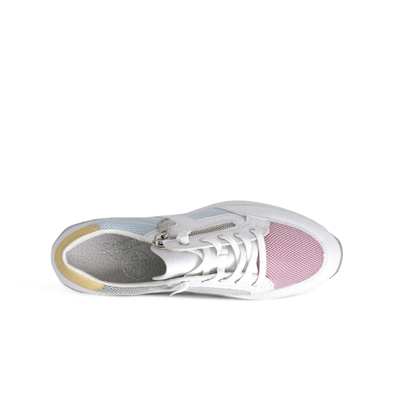 Women’s sneakers side view with white uppers, light blue mesh, and pink toe panel
