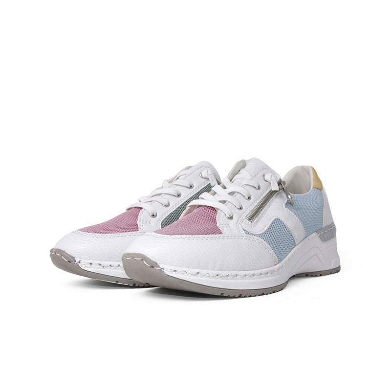 Women’s lace-up sneakers with white leather-look, light blue inserts, and pink overlays