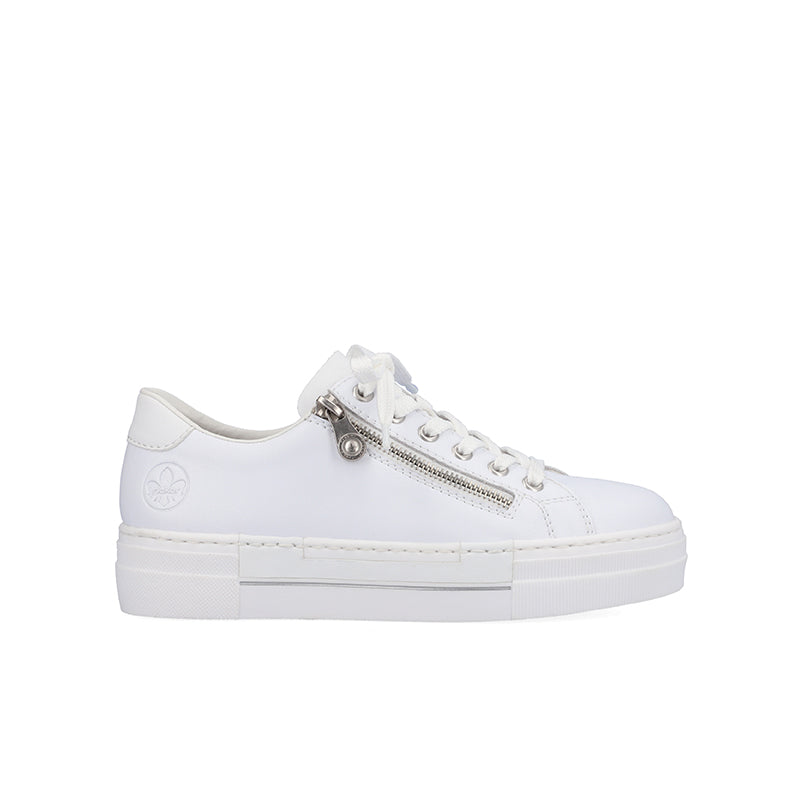 White women's sneaker with lace-up and side zipper, metal zipper pull detail