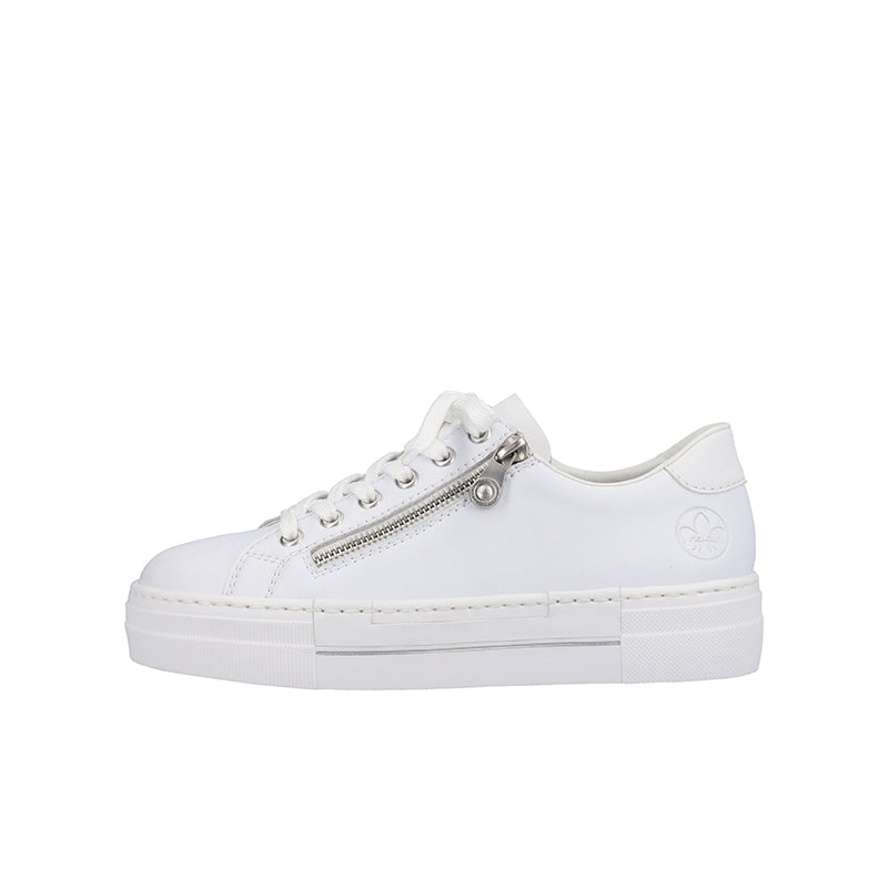 White women's lace-up sneaker with side zipper, low-profile platform sole