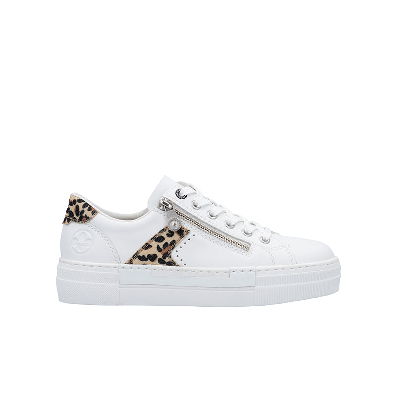 White low-top women's sneaker with leopard panel and front zip detail