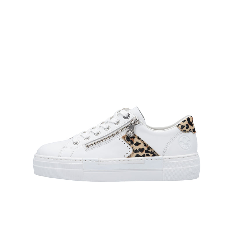 White low-top sneaker with leopard side panel and metal zipper closure