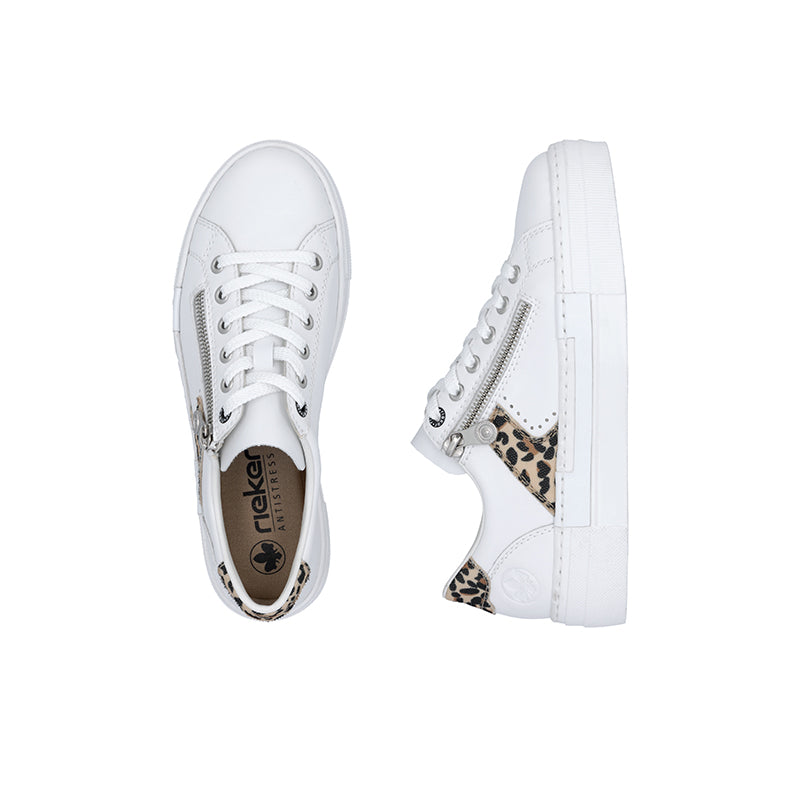 White sneaker pair shown from front and side with leopard trim and zipper