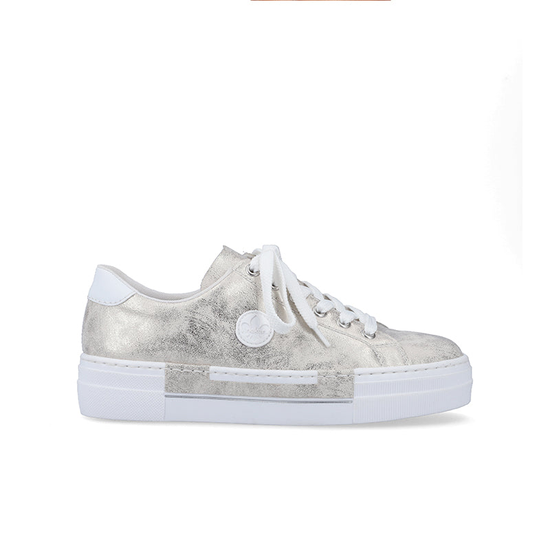 Silver low-top lace-up sneaker with white rubber sole and round logo patch