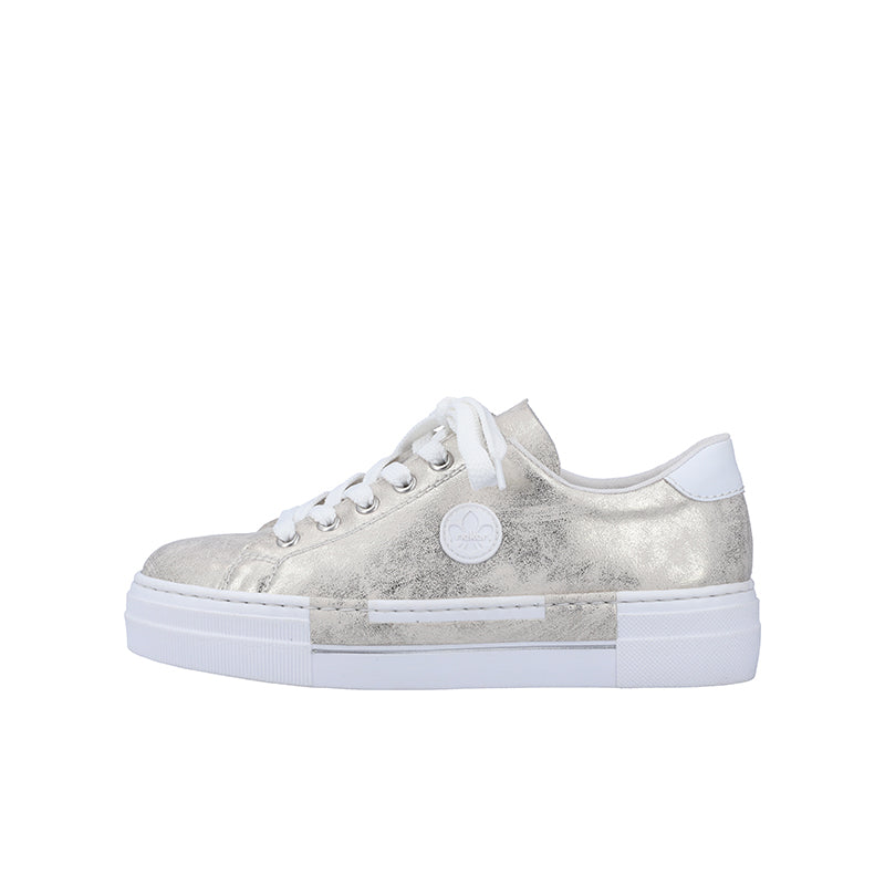 Silver low-top lace-up sneaker with white platform sole and side logo detail