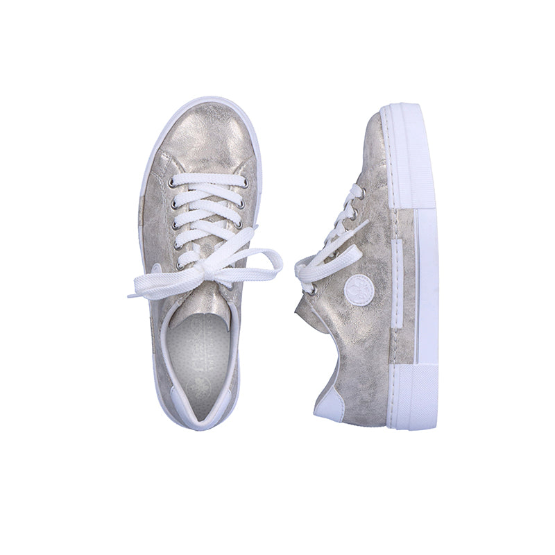 Silver lace-up sneakers showing round tongue logo and white midsole