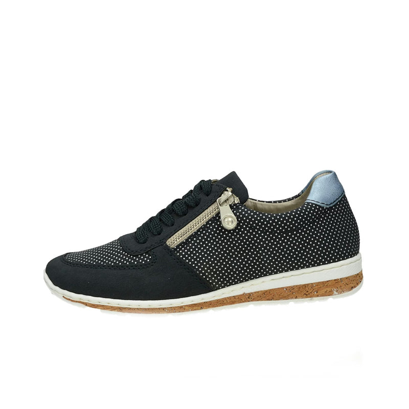 Black speckled lace-up sneakers with dark laces and tan rubber sole