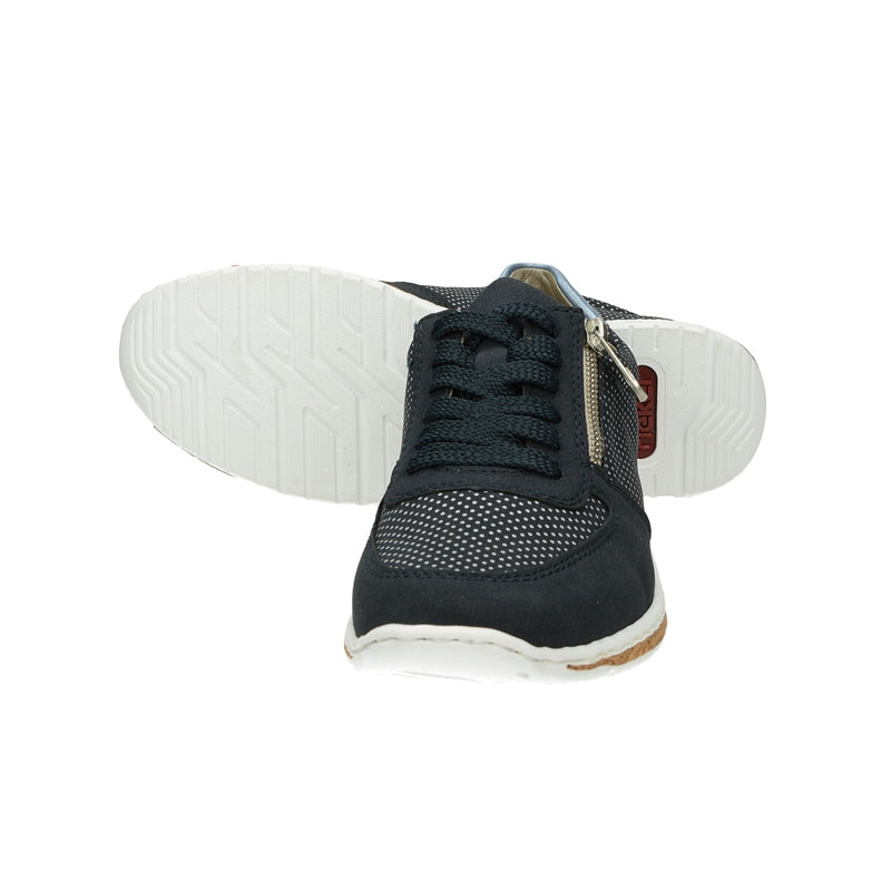 Navy lace-up sneaker with textured white outsole tread