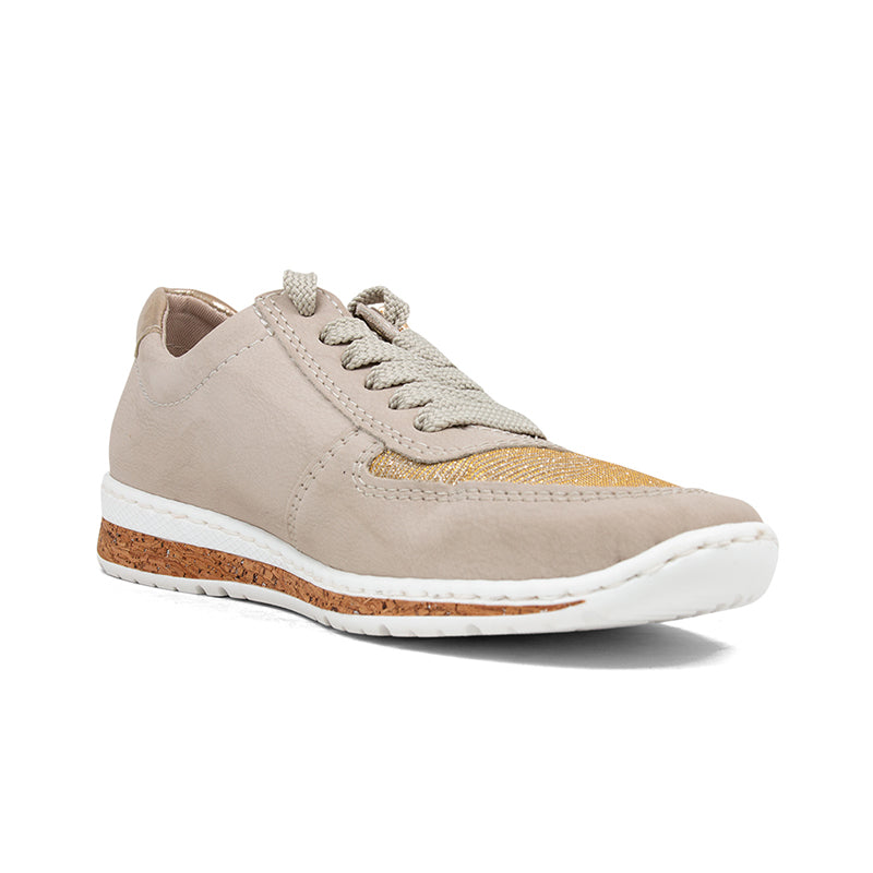 Beige lace-up sneakers with light gray laces and white midsole, tan outsole