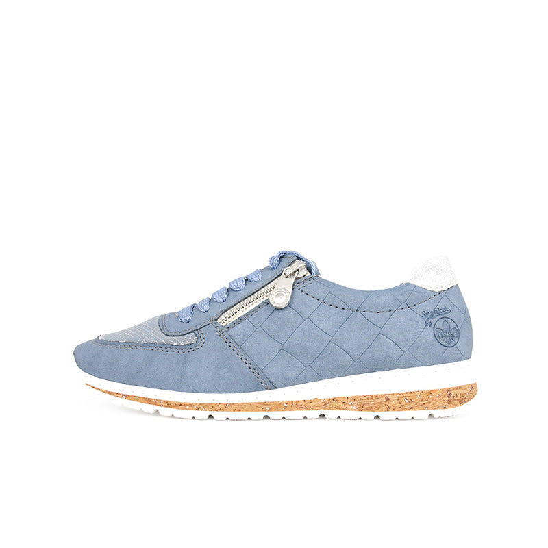 Blue zip casual sneakers with quilted upper, lace-up front, low rubber outsole