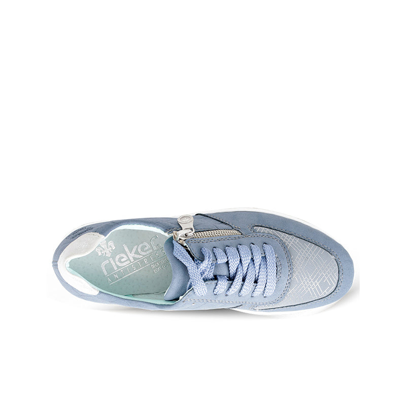Blue lace-up sneakers with padded collar, zipper detail, cushioned insole