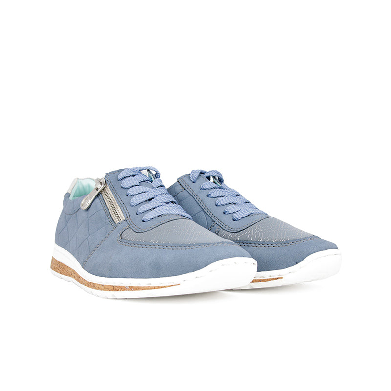 Blue zip casual sneakers with quilted panels, lace-up closure, white outsole
