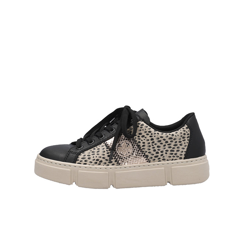 Lace-up leather sneakers with leopard-print uppers, black toe cap, platform sole