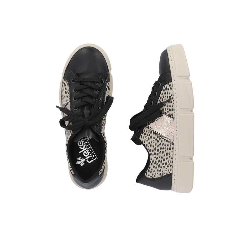 Leather sneakers pair, black laces, leopard-print side panels, thick platform sole