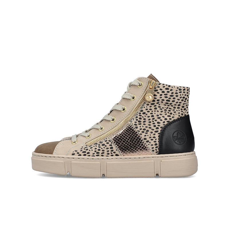 Women’s ankle boots with leopard print uppers, lace-up front, side zip, black heel panel