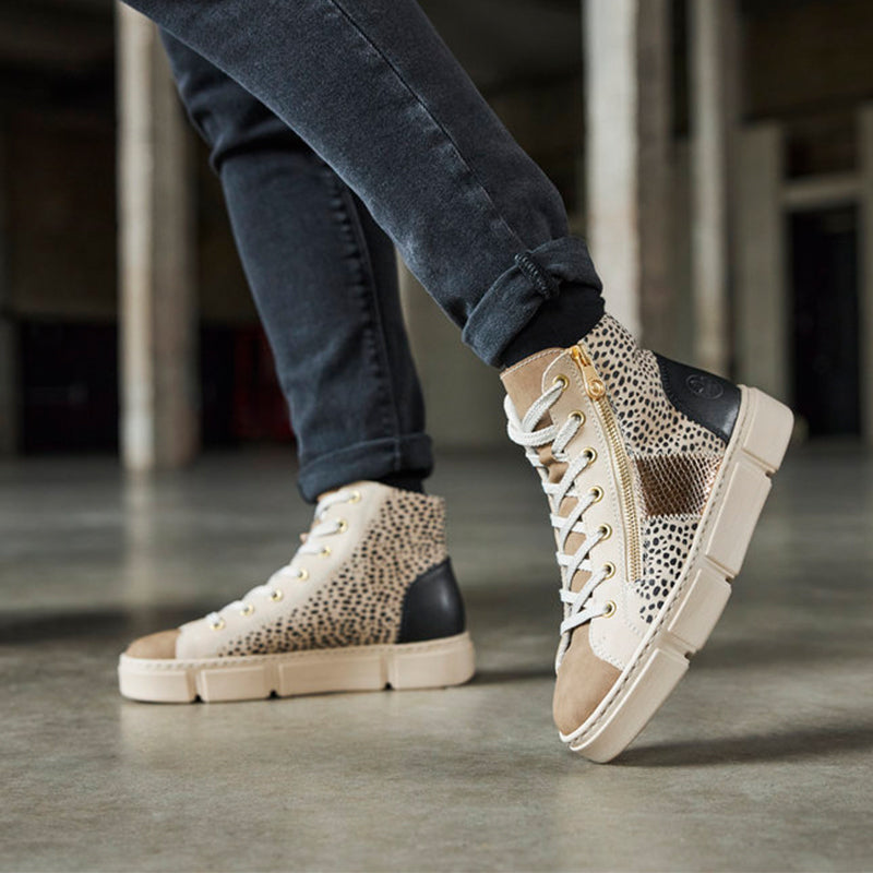 Women’s ankle boots with leopard print uppers, lace-up front, chunky sole, side zip
