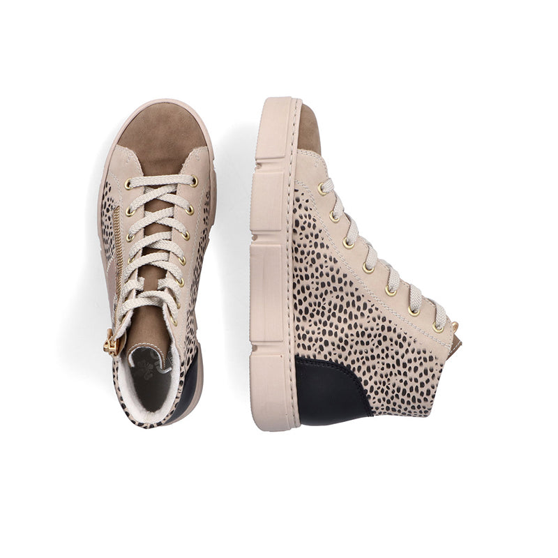 Women’s ankle boots pair view with leopard print, lace-up front, side zip, black heel panels