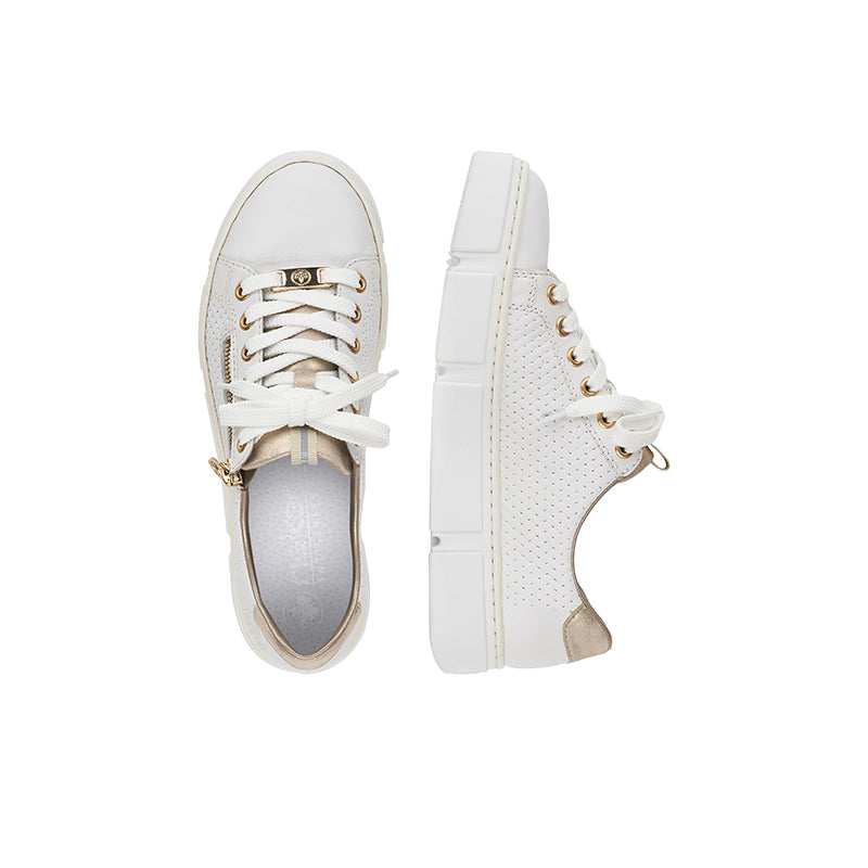 White lace-up sneaker with side zipper panel, gold eyelets, and gray-lined interior