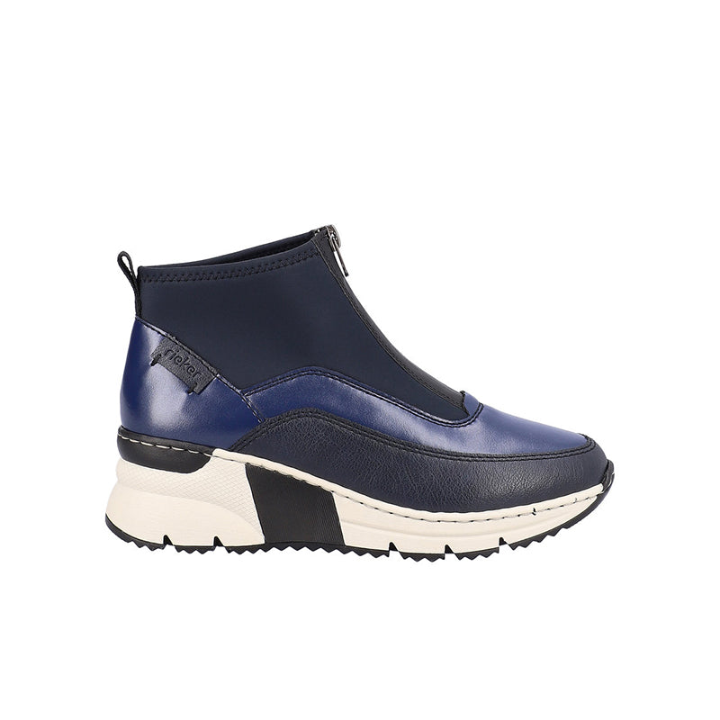 Blue ankle boots with side zip and white chunky sole, contrast panel