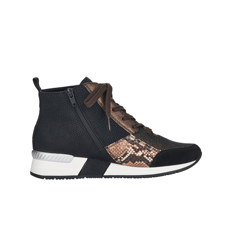 Women's black and brown lace-up ankle boots with side zip and white sole