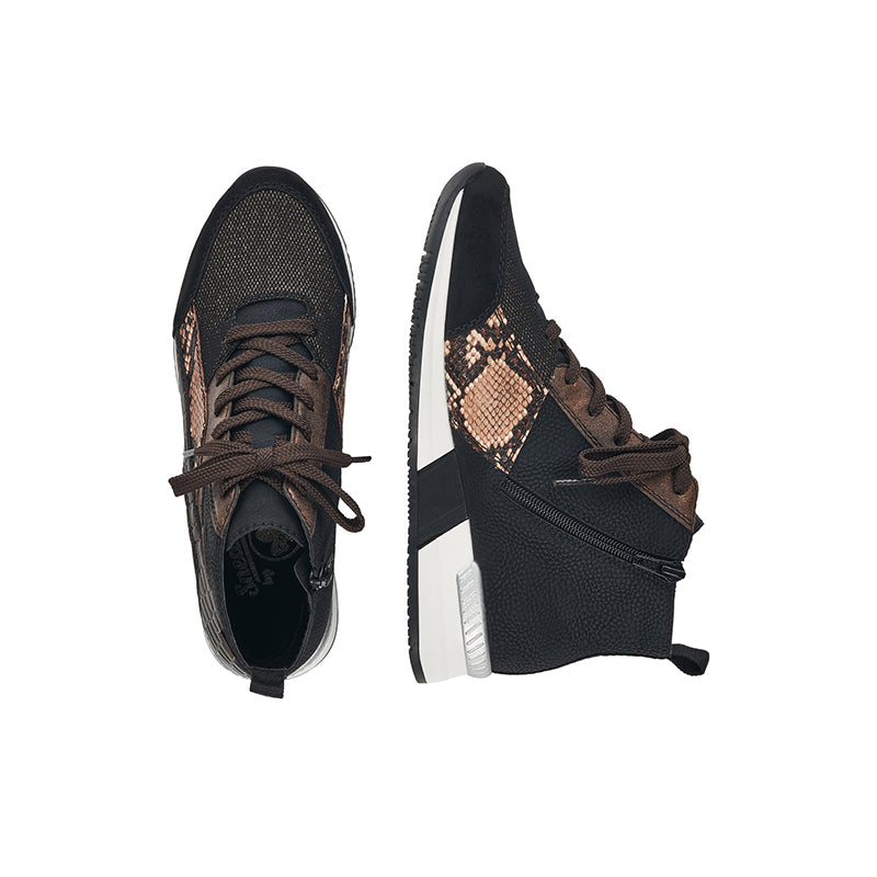 Women's ankle boots with lace-up and side zip, black uppers and brown patterned toe