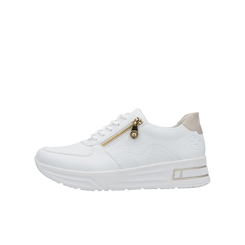 White sneaker with side gold zip pull, perforated upper, chunky platform sole