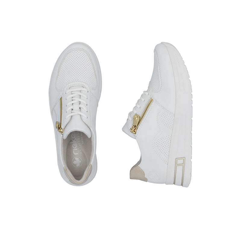 White sneaker pair, lace-up and side gold zip, rubber sole