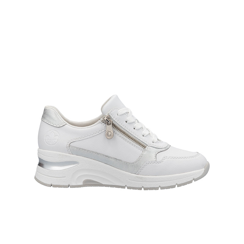 White women's fashion sneaker with lace-up front and side zip detail, cushioned sole