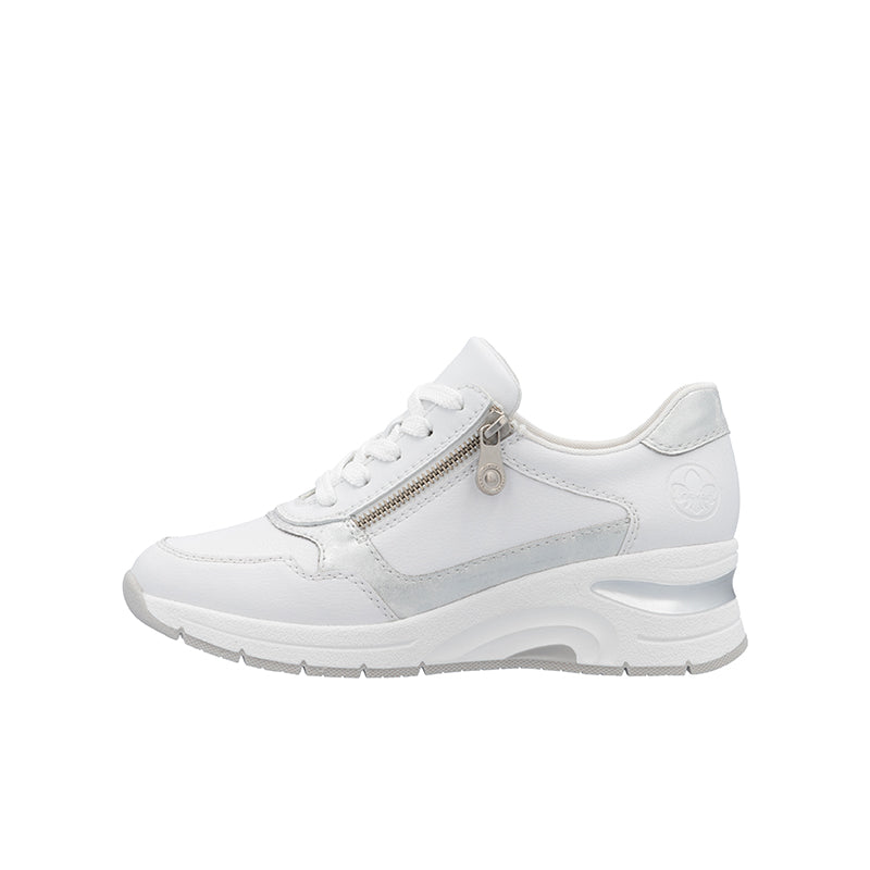 White women's fashion sneaker, lace-up with side zip and chunky comfort sole