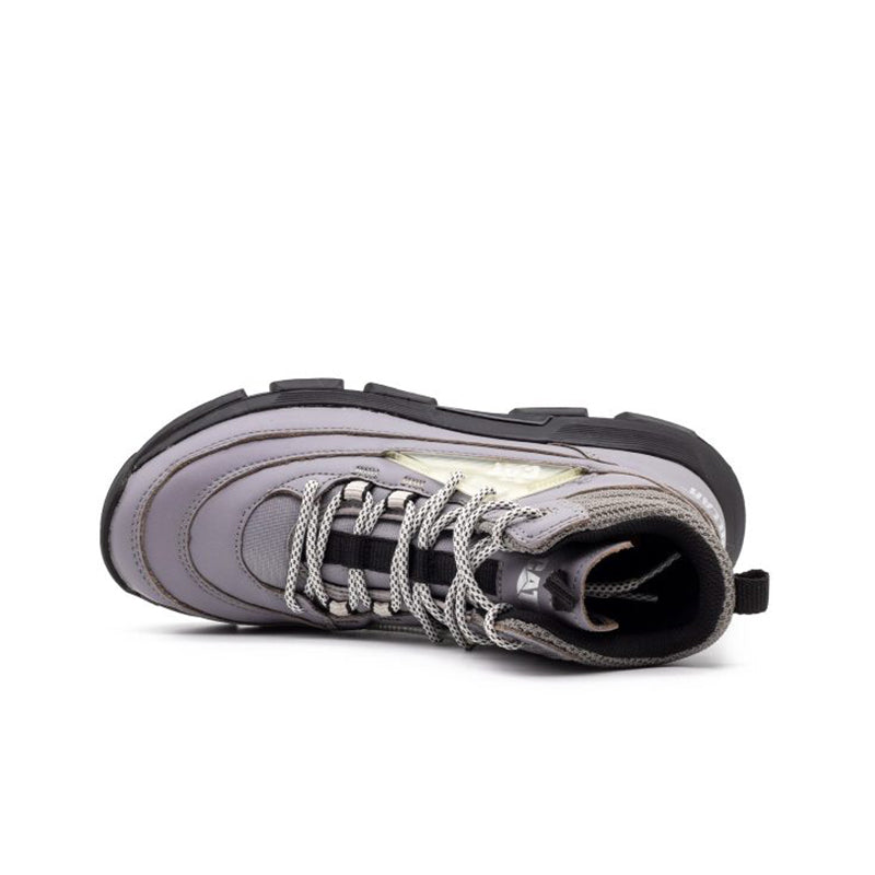 Men's high-top leather sneakers, gray with lace-up and open collar, black sole
