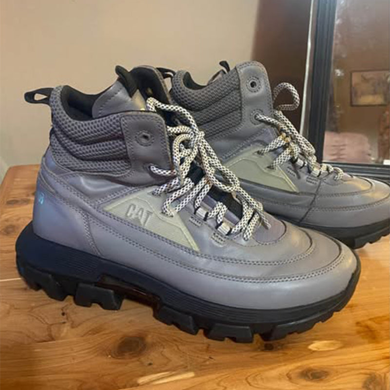 Men's high-top leather sneakers, gray with CAT logo accent and lace-up front
