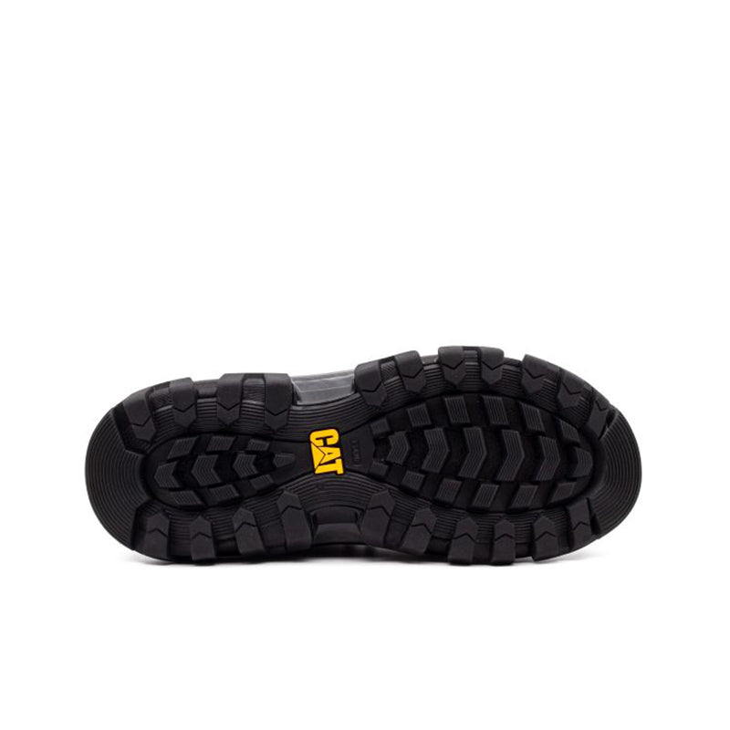 Men's sneaker outsole, black tread with yellow CAT logo